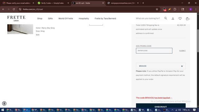 Frette checkout page showing Frette coupon code box | Screenshot taken by SimplyCodes community member on Jul 27, 2025