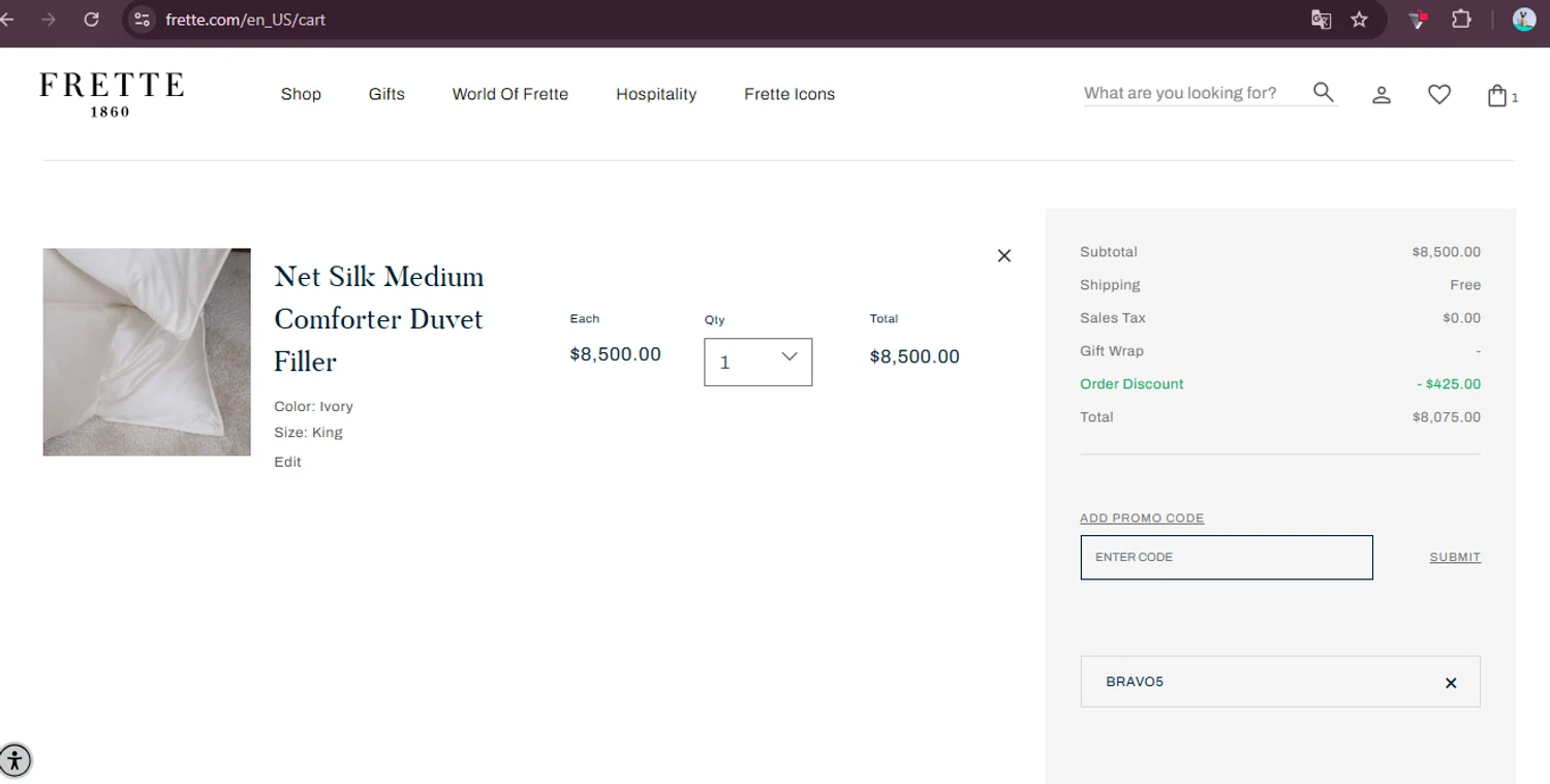 Frette coupon code screenshot showing code BRAVO5 applied at Frette checkout page. Uploaded by SimplyCodes community member elgatobravo on Oct 22, 2025