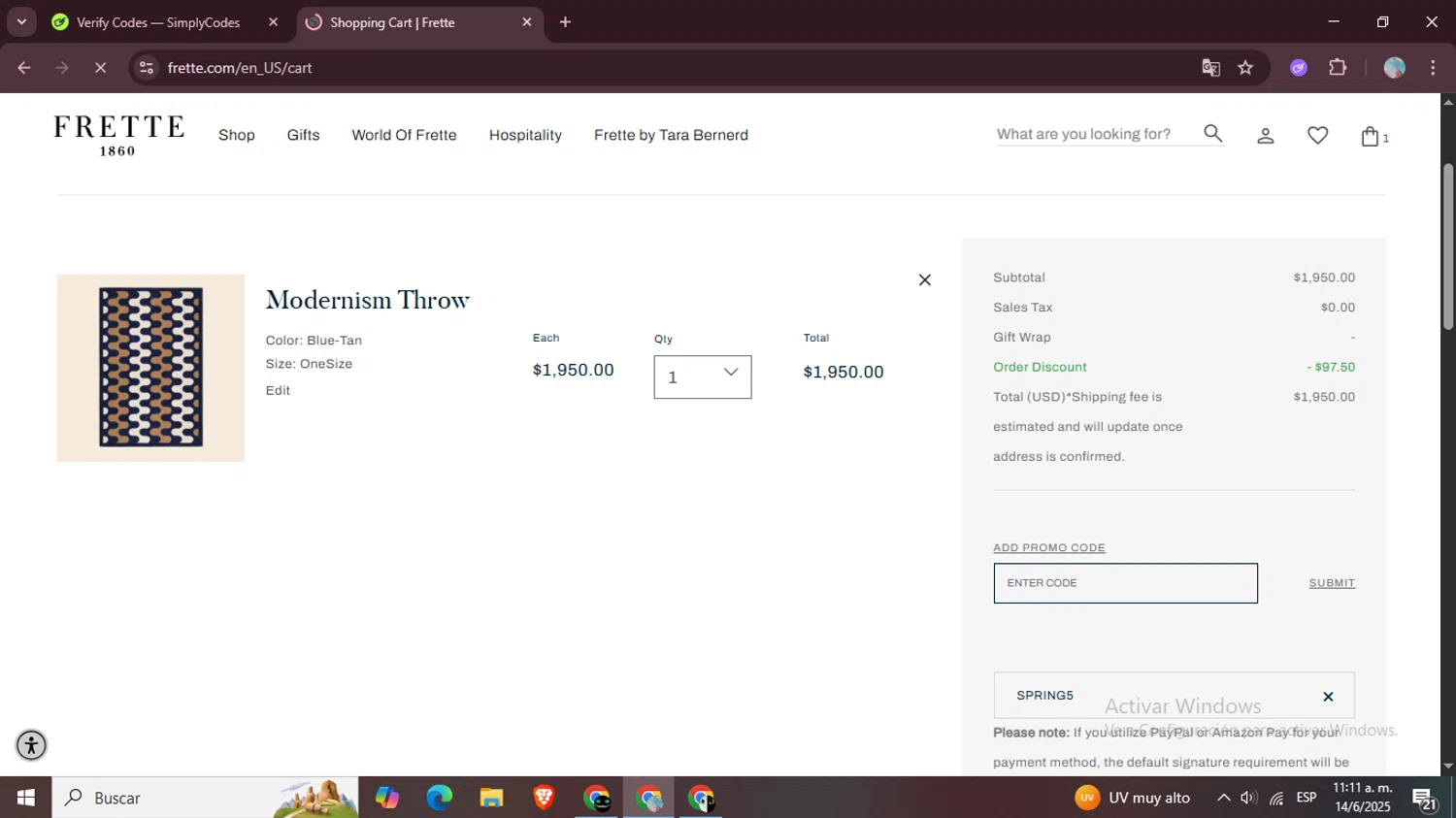 Frette coupon code screenshot showing code SPRING5 applied at Frette checkout page. Uploaded by SimplyCodes community member LegendaryPro7106 on Jun 14, 2025