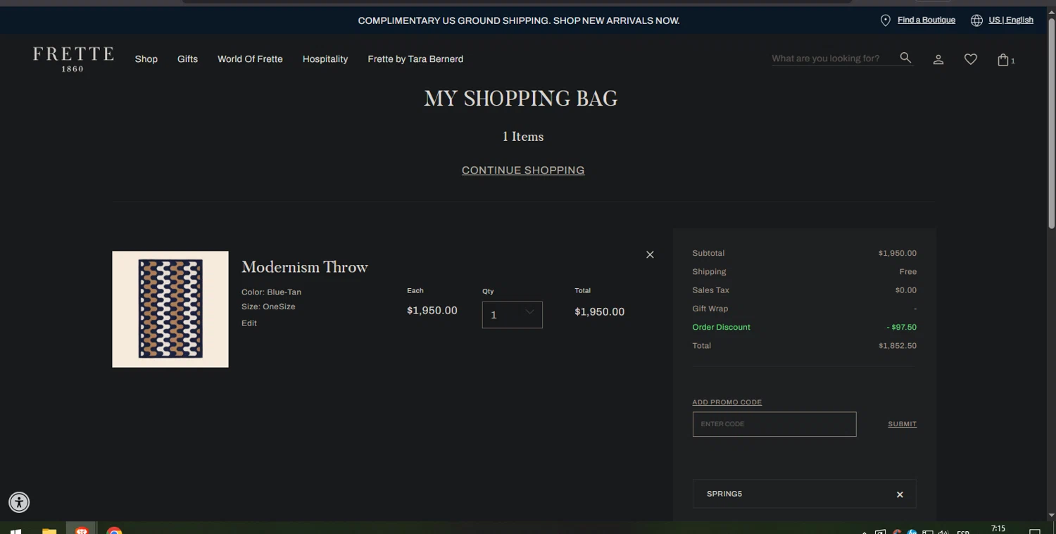 Frette coupon code screenshot showing code SPRING5 applied at Frette checkout page. Uploaded by SimplyCodes community member Nor_man on May 16, 2025