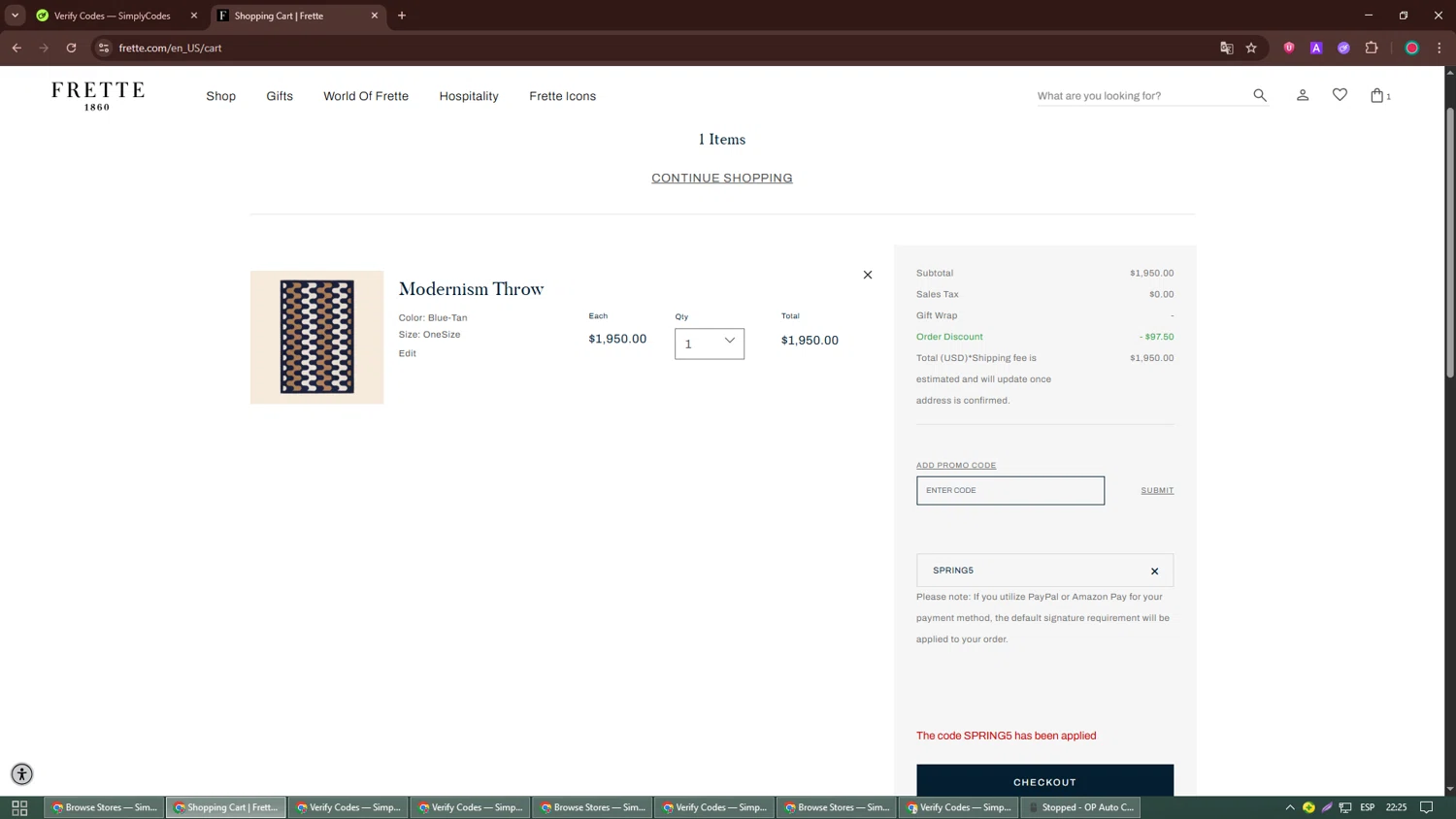 Frette coupon code screenshot showing code SPRING5 applied at Frette checkout page. Uploaded by SimplyCodes community member Richard_Miller on Oct 8, 2025