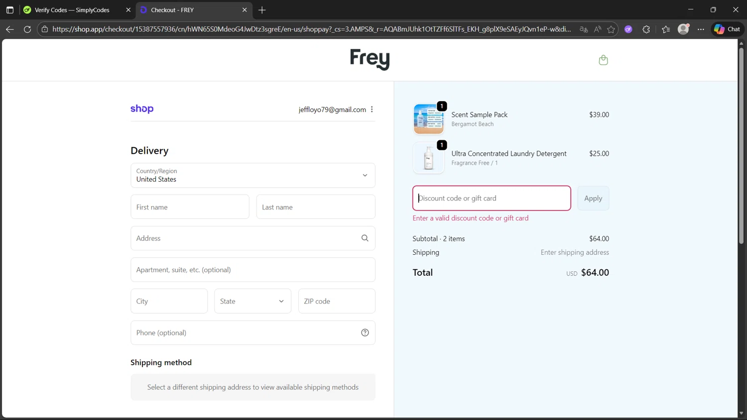 Frey discount code screenshot showing code Letsgo15 applied at Frey checkout page. Uploaded by SimplyCodes community member Clairer on Dec 5, 2025