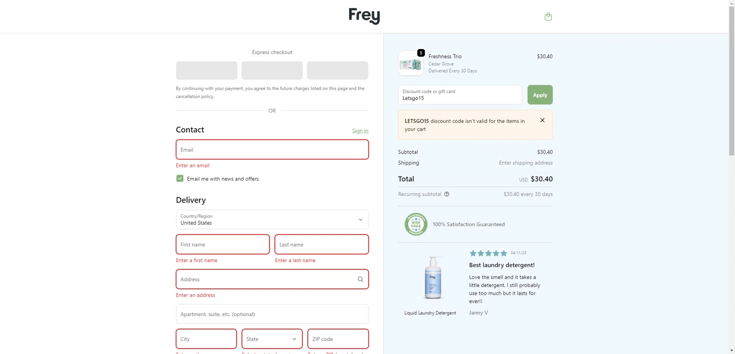Frey discount code screenshot showing code Letsgo15 applied at Frey checkout page. Uploaded by SimplyCodes community member ThriftyPhoenix5129 on Oct 27, 2025