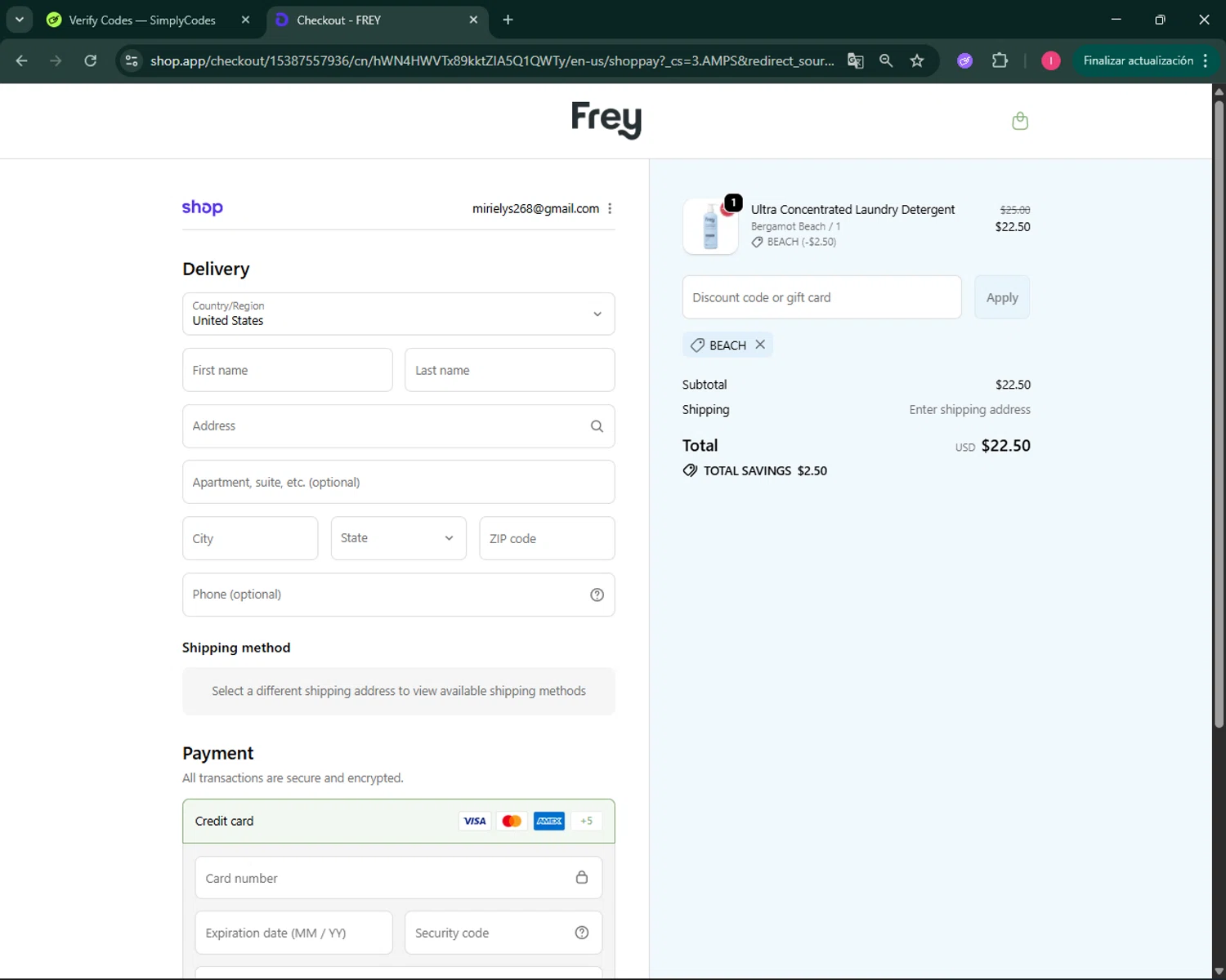 Frey discount code screenshot showing code BEACH applied at Frey checkout page. Uploaded by SimplyCodes community member BargainSeeker9964 on Oct 19, 2025