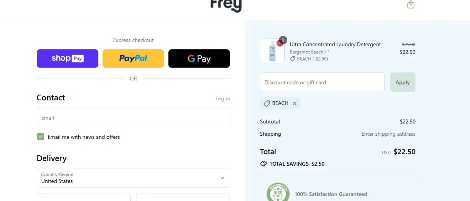 Frey discount code screenshot showing code BEACH applied at Frey checkout page. Uploaded by SimplyCodes community member Quemiras on Jul 23, 2025