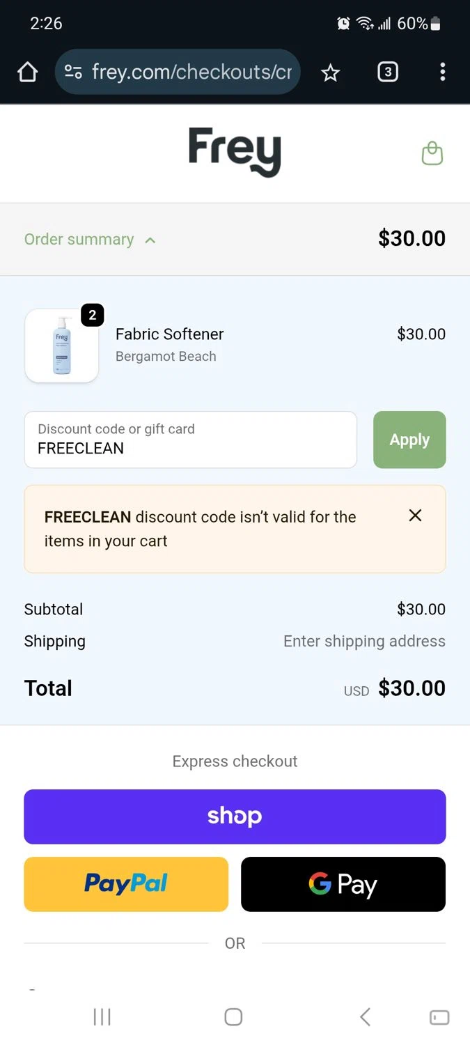 Frey discount code screenshot showing code FREECLEAN applied at Frey checkout page. Uploaded by SimplyCodes community member Milaya on Dec 11, 2025