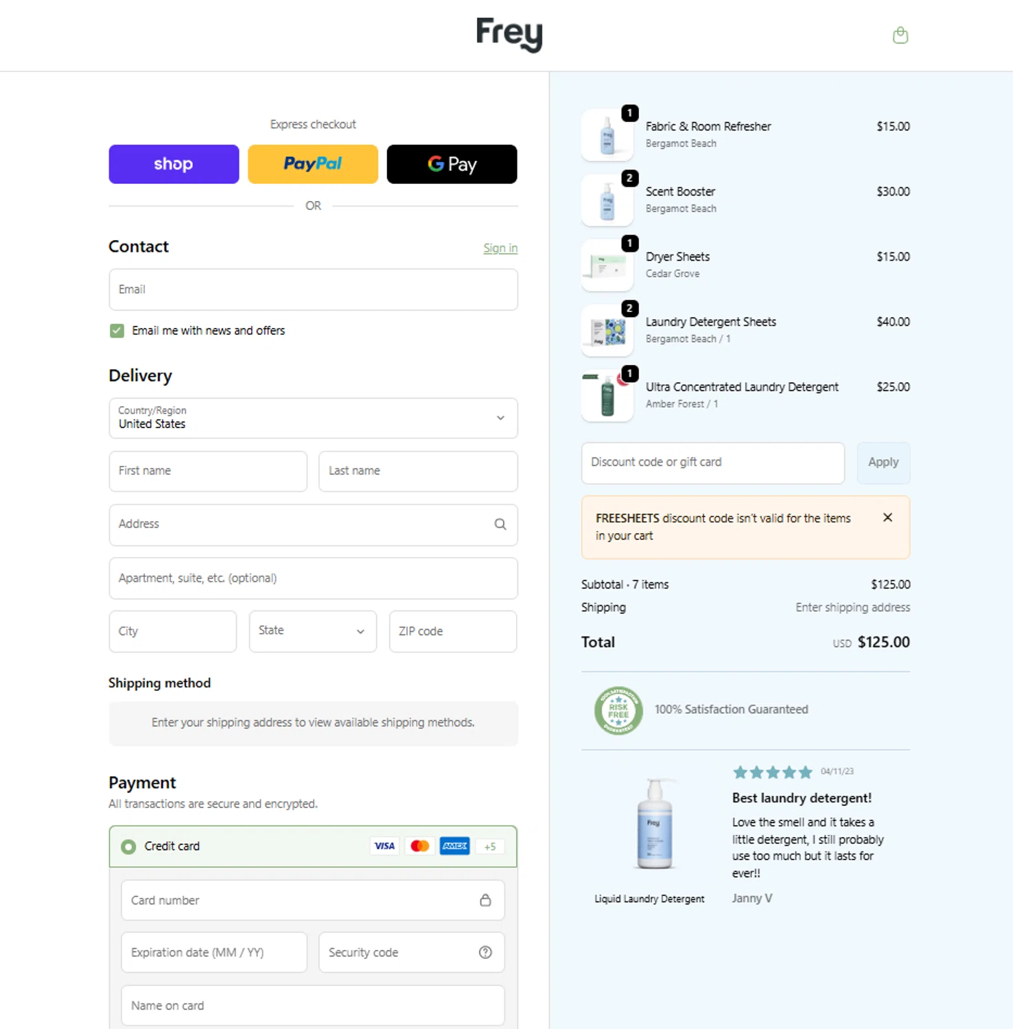 Frey discount code screenshot showing code FREESHEETS applied at Frey checkout page. Uploaded by SimplyCodes community member reggiesmith on Jan 19, 2026
