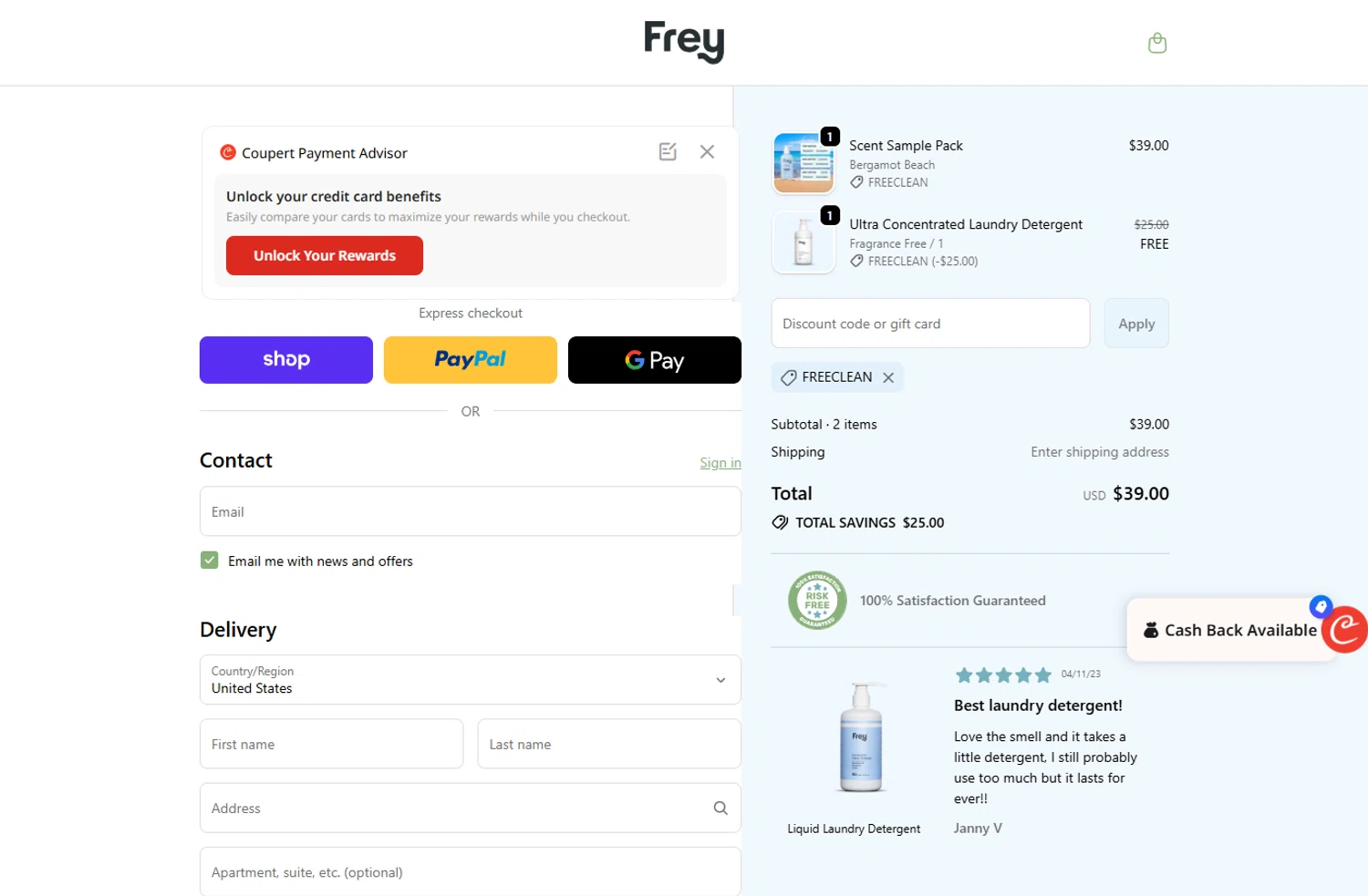 Frey discount code screenshot showing code FREECLEAN applied at Frey checkout page. Uploaded by SimplyCodes community member ivantorres on Dec 11, 2025