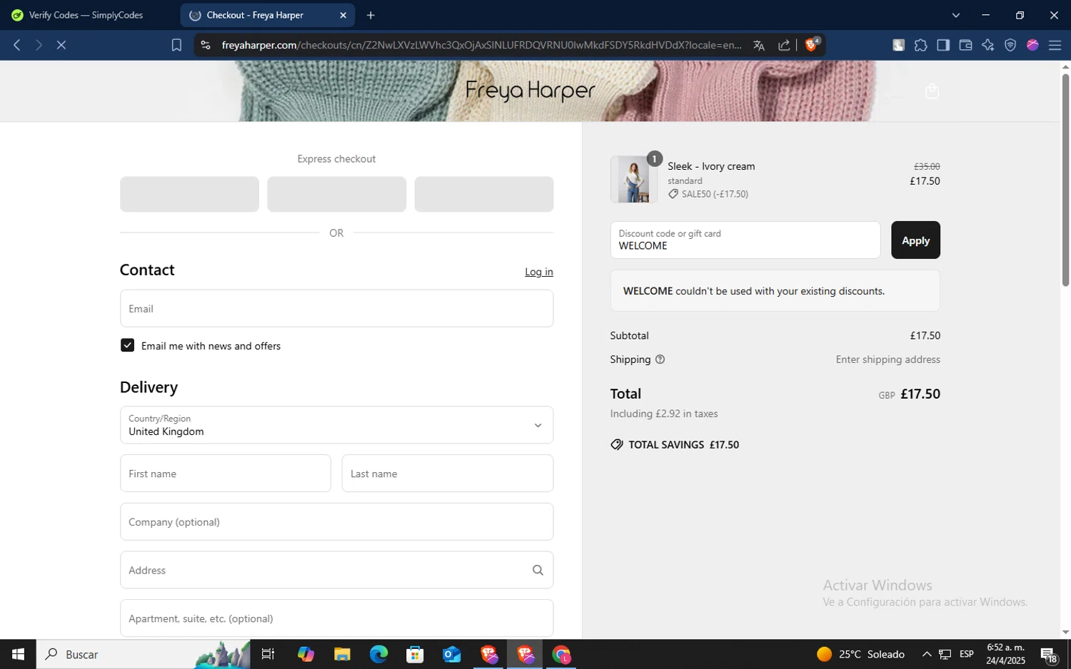 Freya Harper discount code screenshot showing code WELCOME applied at Freya Harper checkout page. Uploaded by SimplyCodes community member TokenSaver1205 on Apr 24, 2025