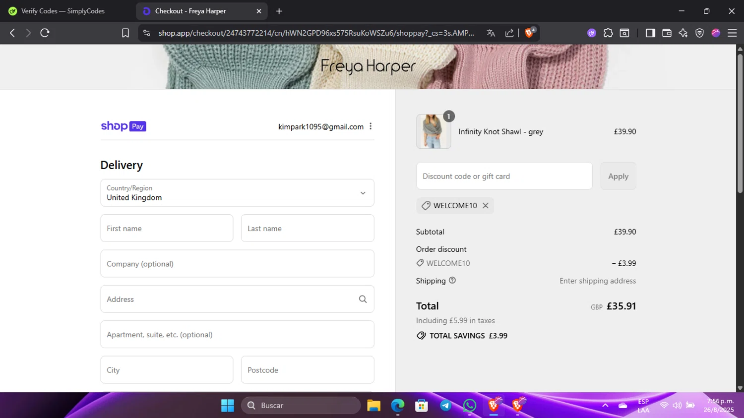 Freya Harper discount code screenshot showing code WELCOME10 applied at Freya Harper checkout page. Uploaded by SimplyCodes community member Pinkicuat on Aug 26, 2025