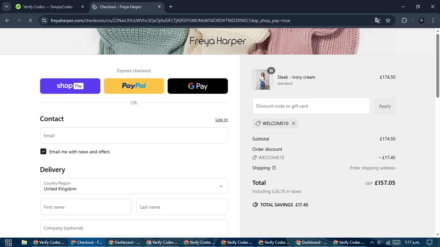 Freya Harper discount code screenshot showing code WELCOME10 applied at Freya Harper checkout page. Uploaded by SimplyCodes community member ValueElite5945 on Mar 27, 2025