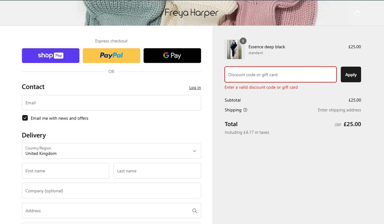Freya Harper discount code screenshot showing code NEWESSENCE applied at Freya Harper checkout page. Uploaded by SimplyCodes community member SmartFinder4193 on Feb 25, 2025