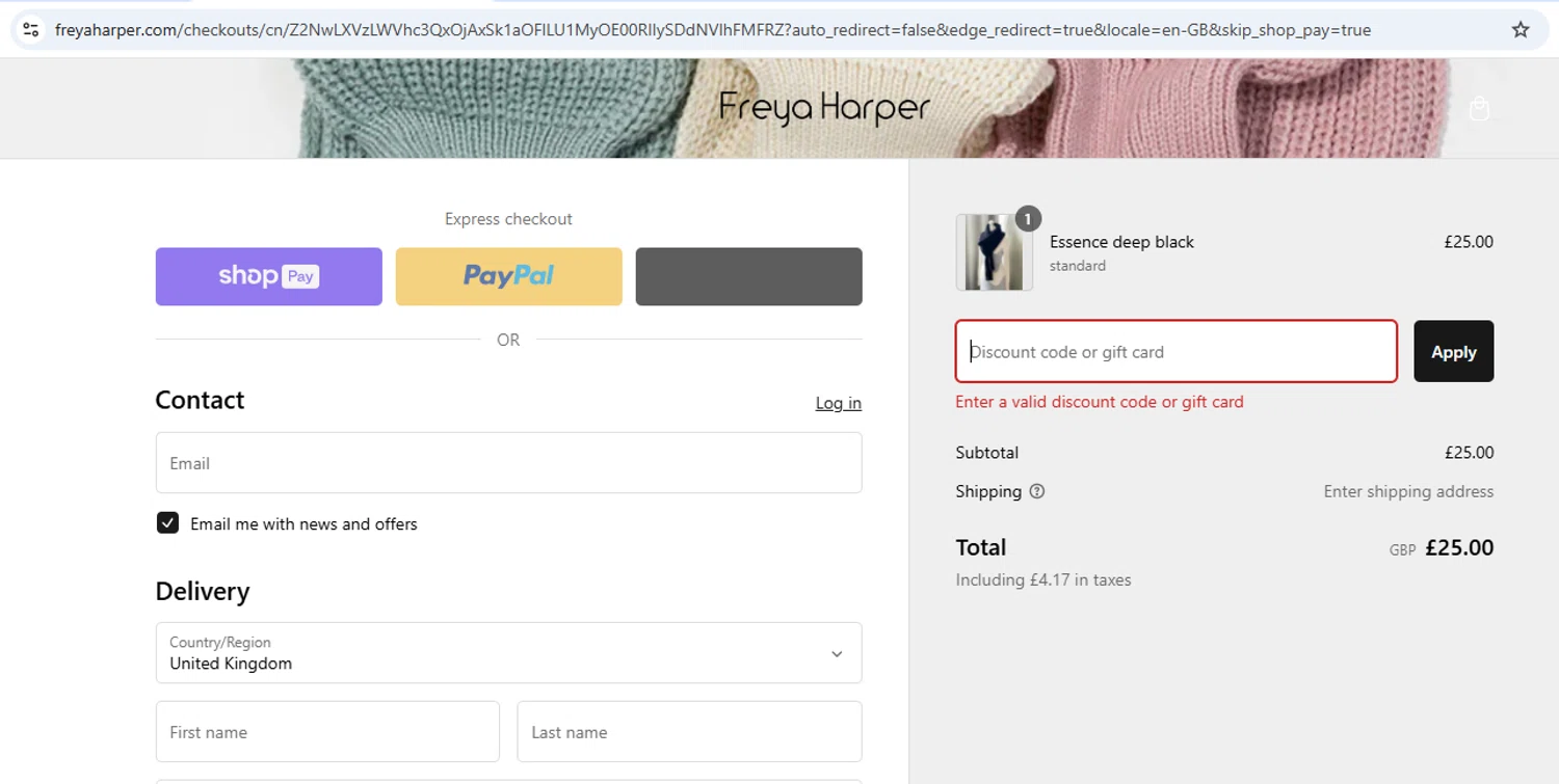 Freya Harper discount code screenshot showing code NEWESSENCE applied at Freya Harper checkout page. Uploaded by SimplyCodes community member ShieldOwl9891 on Feb 25, 2025