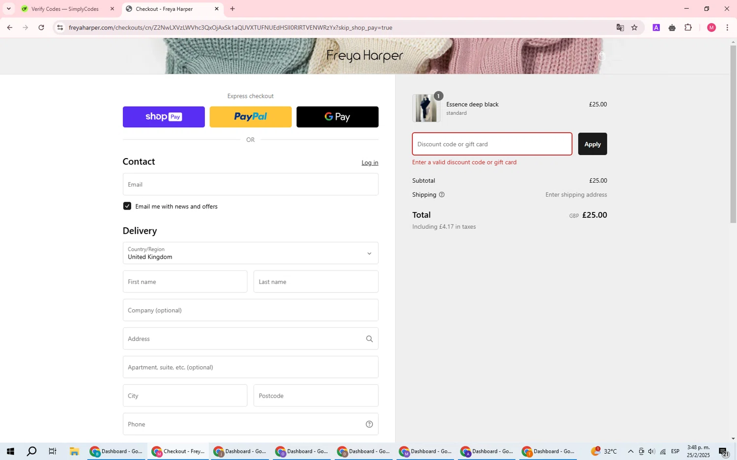 Freya Harper discount code screenshot showing code NEWESSENCE applied at Freya Harper checkout page. Uploaded by SimplyCodes community member DealWizard5321 on Feb 25, 2025