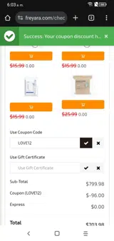FREYARA coupon verification screenshot