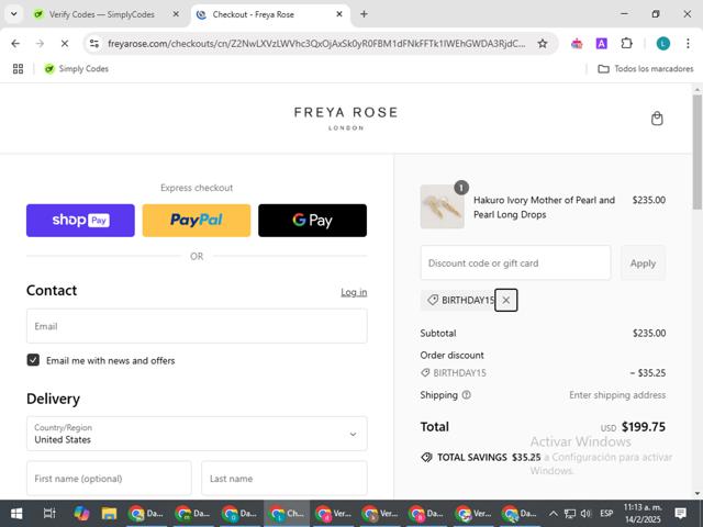 Freya Rose checkout page showing Freya Rose discount code box | Screenshot taken by SimplyCodes community member on Feb 14, 2025