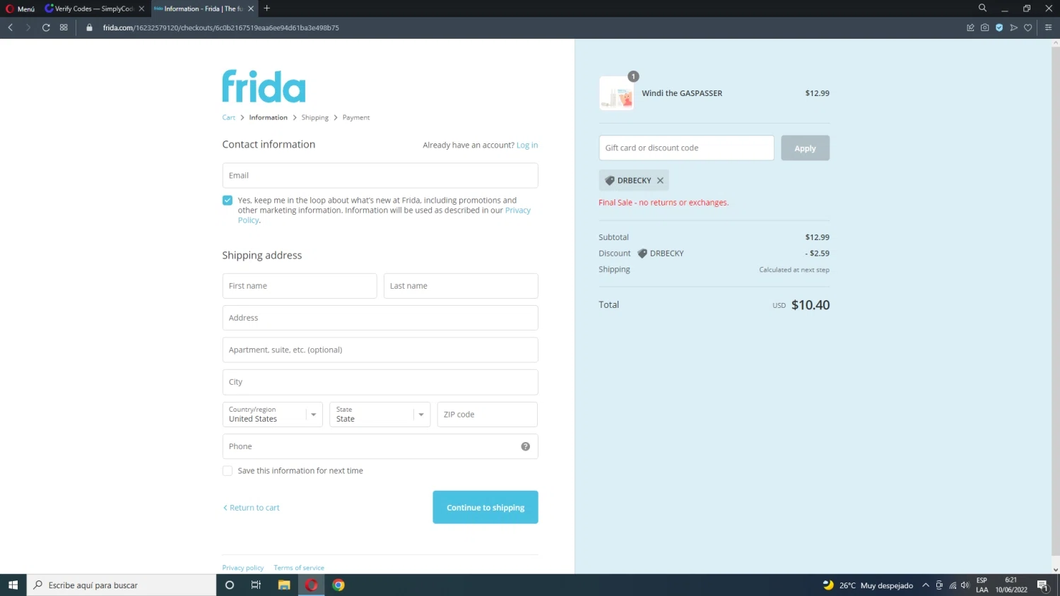 Frida checkout page showing Frida discount code box | Screenshot taken by SimplyCodes community member on Jun 10, 2022