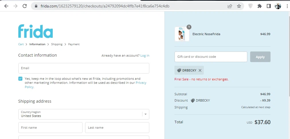 Frida checkout page showing Frida discount code box | Screenshot taken by SimplyCodes community member on Nov 7, 2022