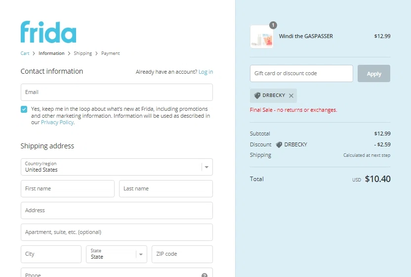 Frida checkout page showing Frida discount code box | Screenshot taken by SimplyCodes community member on Jul 13, 2022