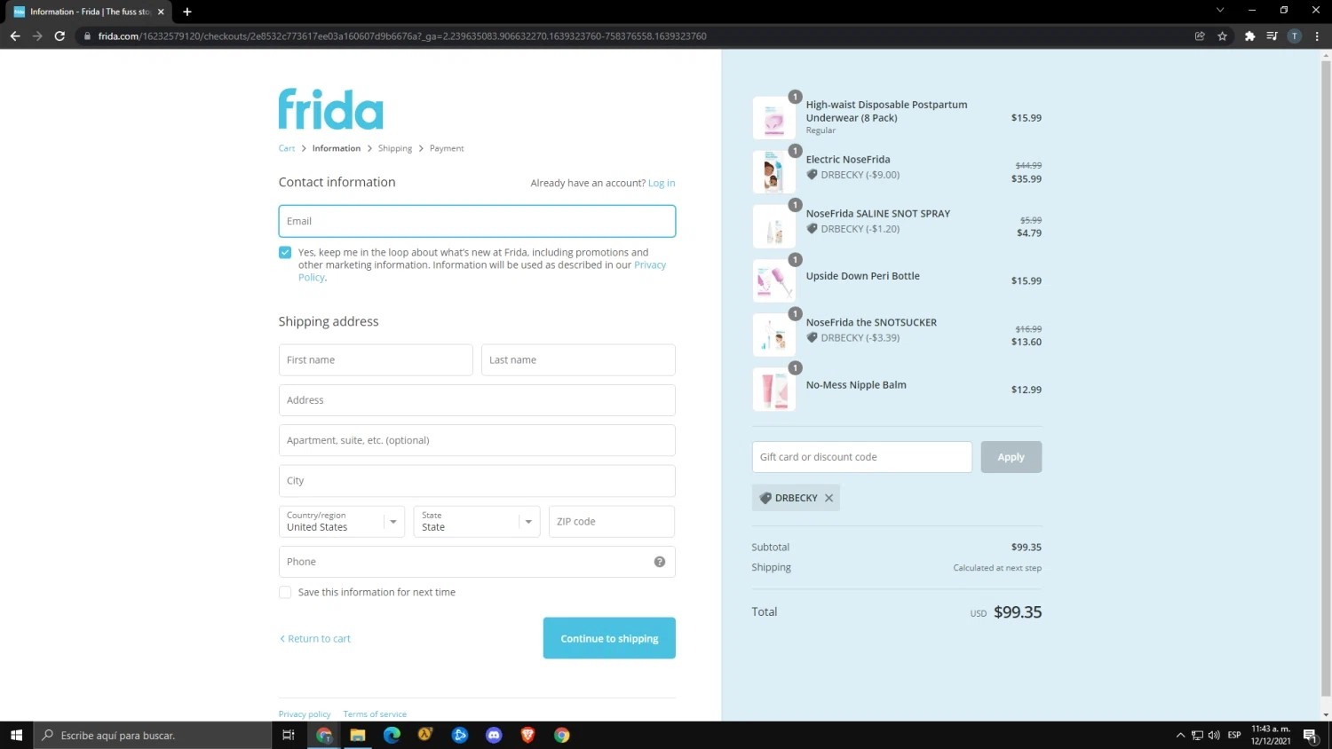 Frida checkout page showing Frida discount code box | Screenshot taken by SimplyCodes community member on Dec 12, 2021