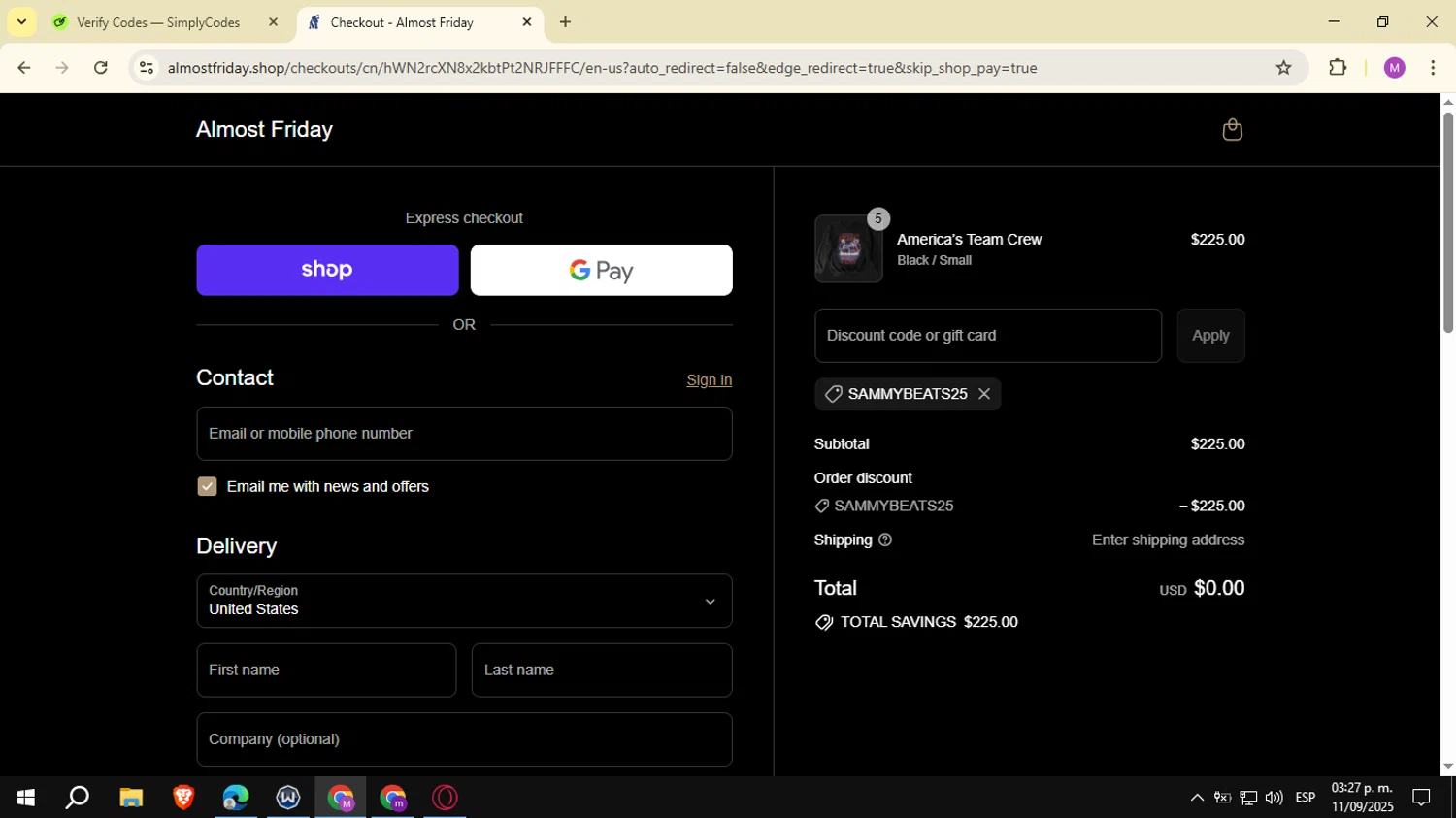 Friday Beers discount code screenshot showing code SAMMYBEATS25 applied at Friday Beers checkout page. Uploaded by SimplyCodes community member NobleSeeker3177 on Sep 11, 2025
