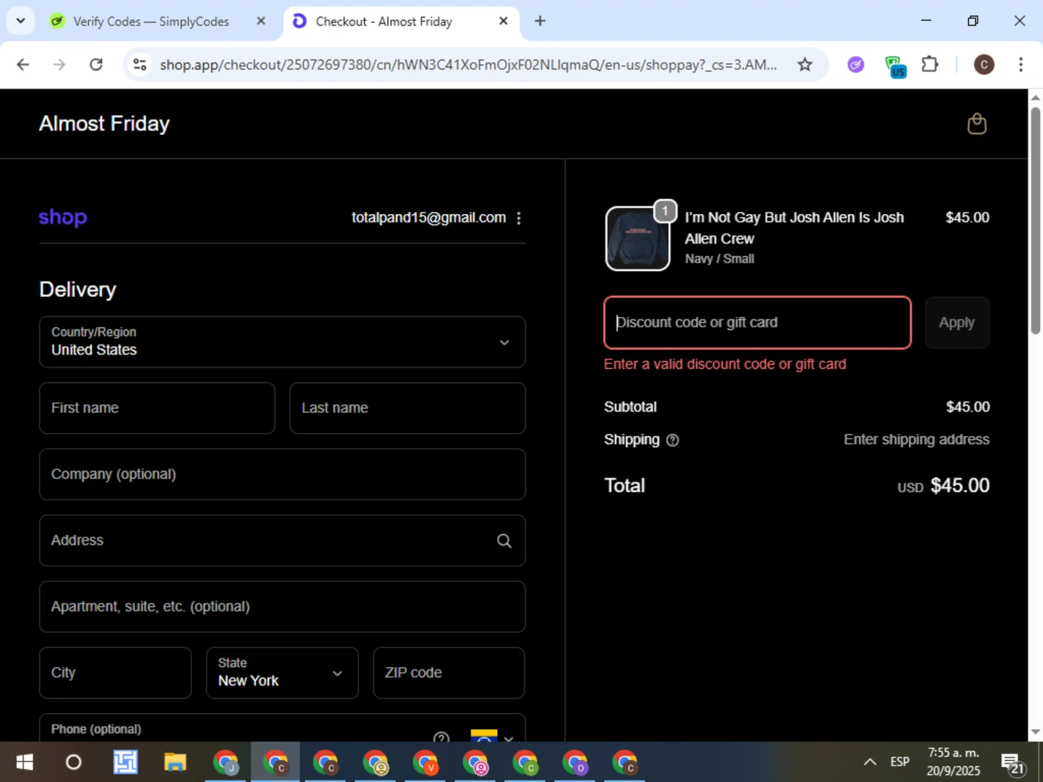 Friday Beers discount code screenshot showing code SAMMYBEATS25 applied at Friday Beers checkout page. Uploaded by SimplyCodes community member TreasureFox8596 on Sep 20, 2025