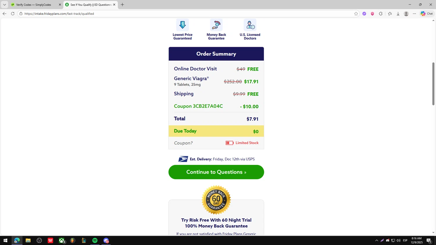 Friday Plans checkout page showing Friday Plans coupon code box | Screenshot taken by SimplyCodes community member on Dec 9, 2025