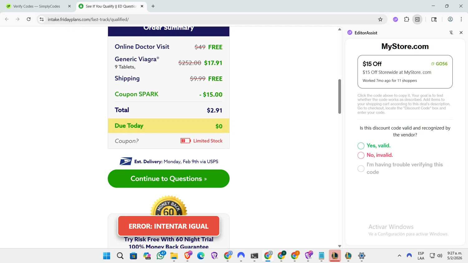 Friday Plans checkout page showing Friday Plans coupon code box | Screenshot taken by SimplyCodes community member on Feb 5, 2026