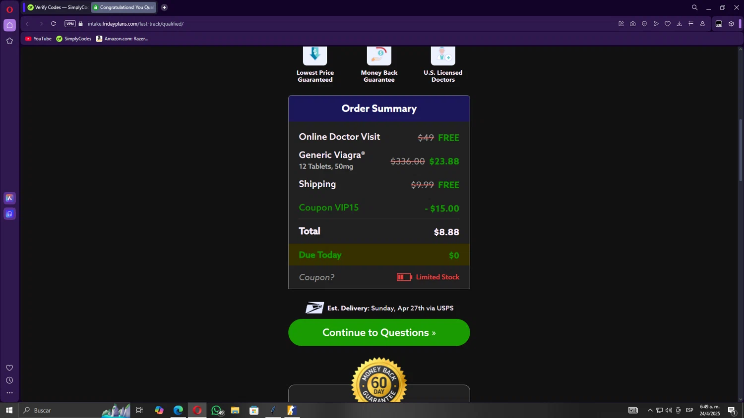 Friday Plans coupon code screenshot showing code VIP15 applied at Friday Plans checkout page. Uploaded by SimplyCodes community member Gojira on Apr 24, 2025