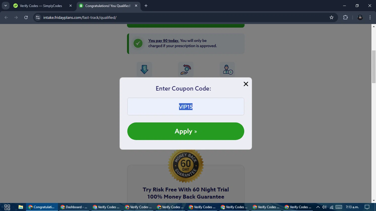 Friday Plans coupon code screenshot showing code VIP15 applied at Friday Plans checkout page. Uploaded by SimplyCodes community member ValueElite5945 on Feb 25, 2025