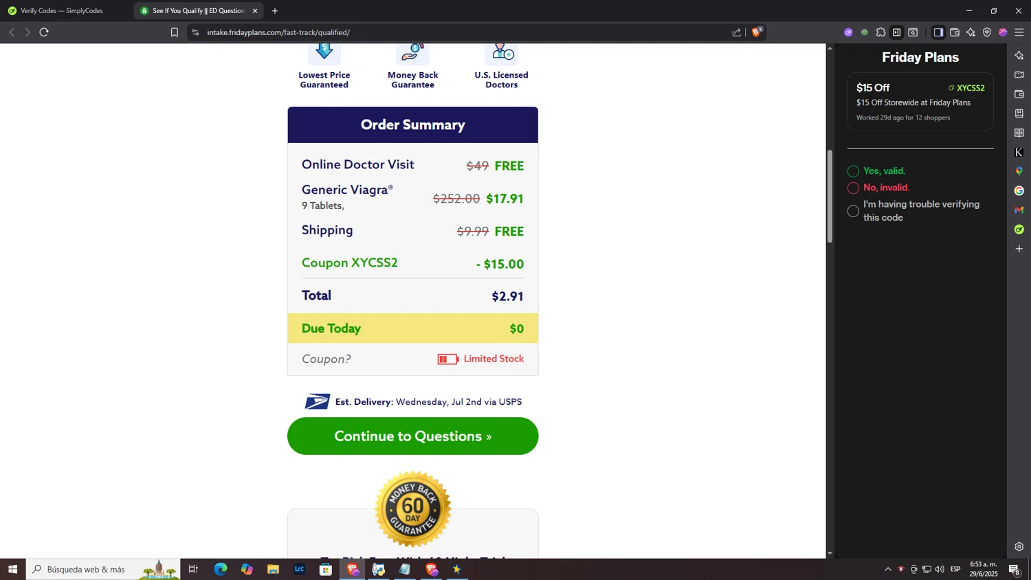 Friday Plans coupon code screenshot showing code XYCSS2 applied at Friday Plans checkout page. Uploaded by SimplyCodes community member NobleLegend6162 on Jun 29, 2025