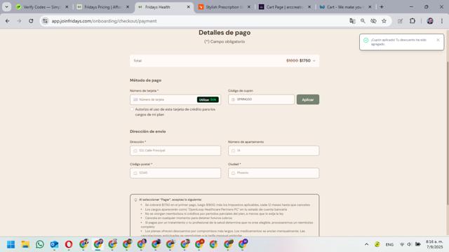 Fridays checkout page showing Fridays promo code box | Screenshot taken by SimplyCodes community member on Sep 7, 2025