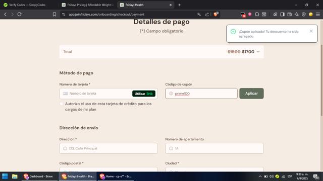 Fridays checkout page showing Fridays promo code box | Screenshot taken by SimplyCodes community member on Sep 4, 2025