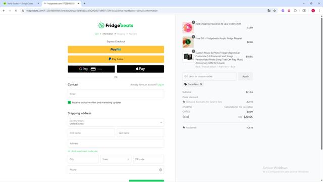 Fridgebeats checkout page showing Fridgebeats coupon code box | Screenshot taken by SimplyCodes community member on Sep 11, 2025