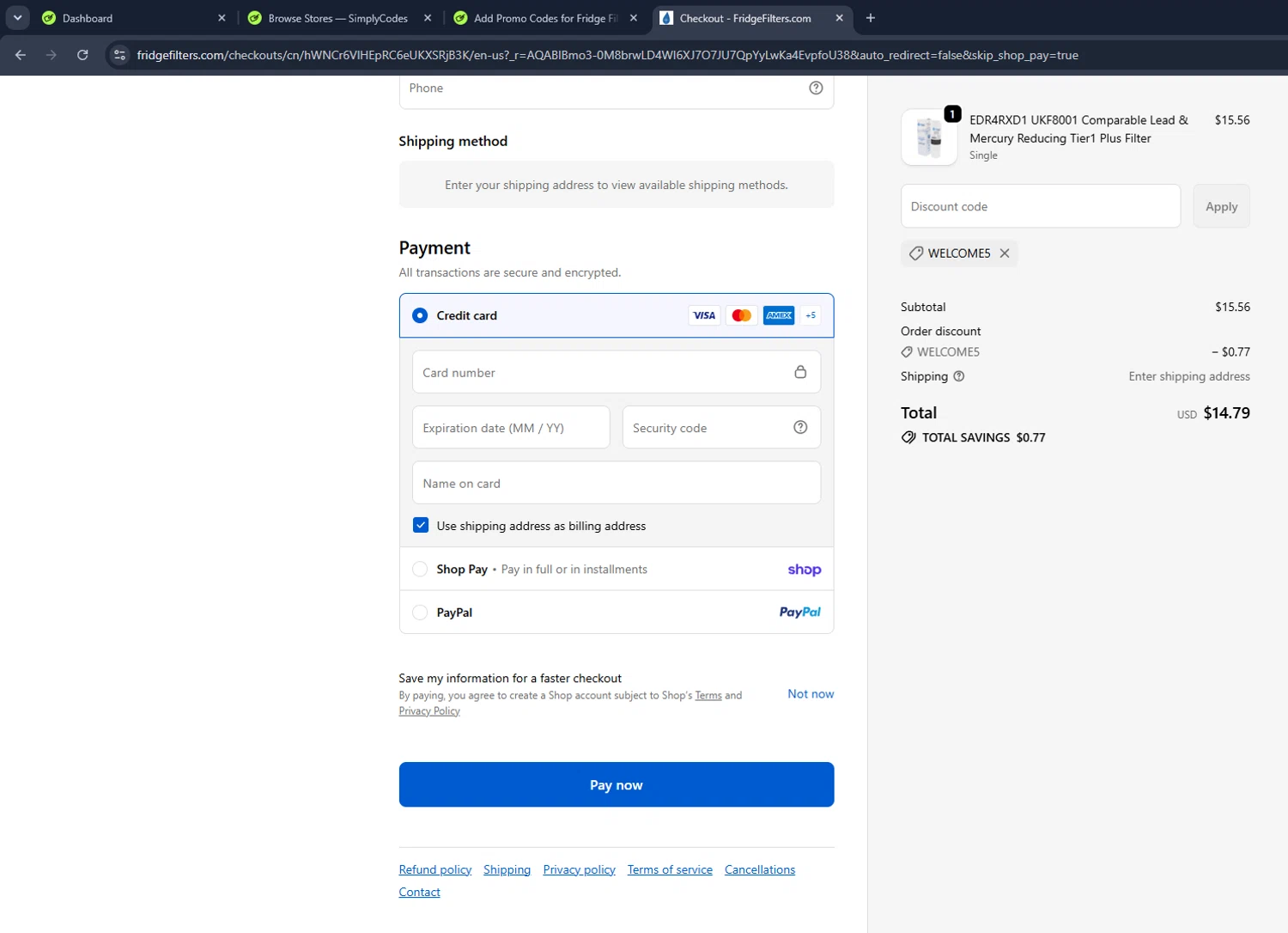 Fridge Filters promo code screenshot showing code WELCOME5 applied at Fridge Filters checkout page. Uploaded by SimplyCodes community member VictoriousCaptain3902 on Jun 2, 2026