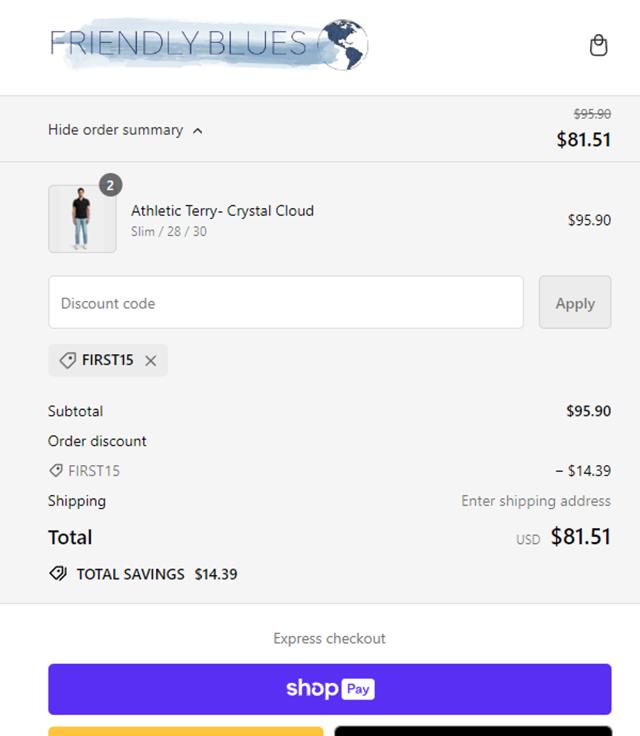 Friendly Blues checkout page showing Friendly Blues discount code box | Screenshot taken by SimplyCodes community member on Jun 4, 2024