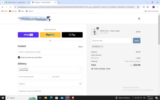 Friendly Blues checkout page showing Friendly Blues discount code box | Screenshot taken by SimplyCodes community member on Aug 1, 2024