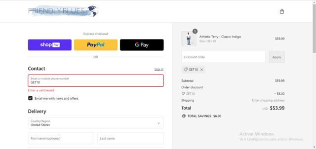 Friendly Blues checkout page showing Friendly Blues discount code box | Screenshot taken by SimplyCodes community member on Jul 31, 2024