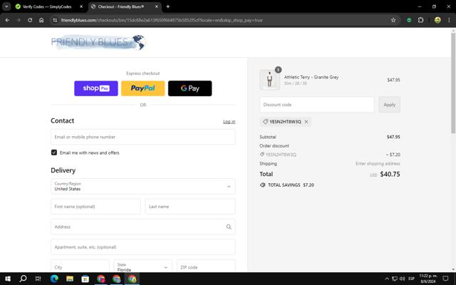 Friendly Blues checkout page showing Friendly Blues discount code box | Screenshot taken by SimplyCodes community member on Jun 9, 2024