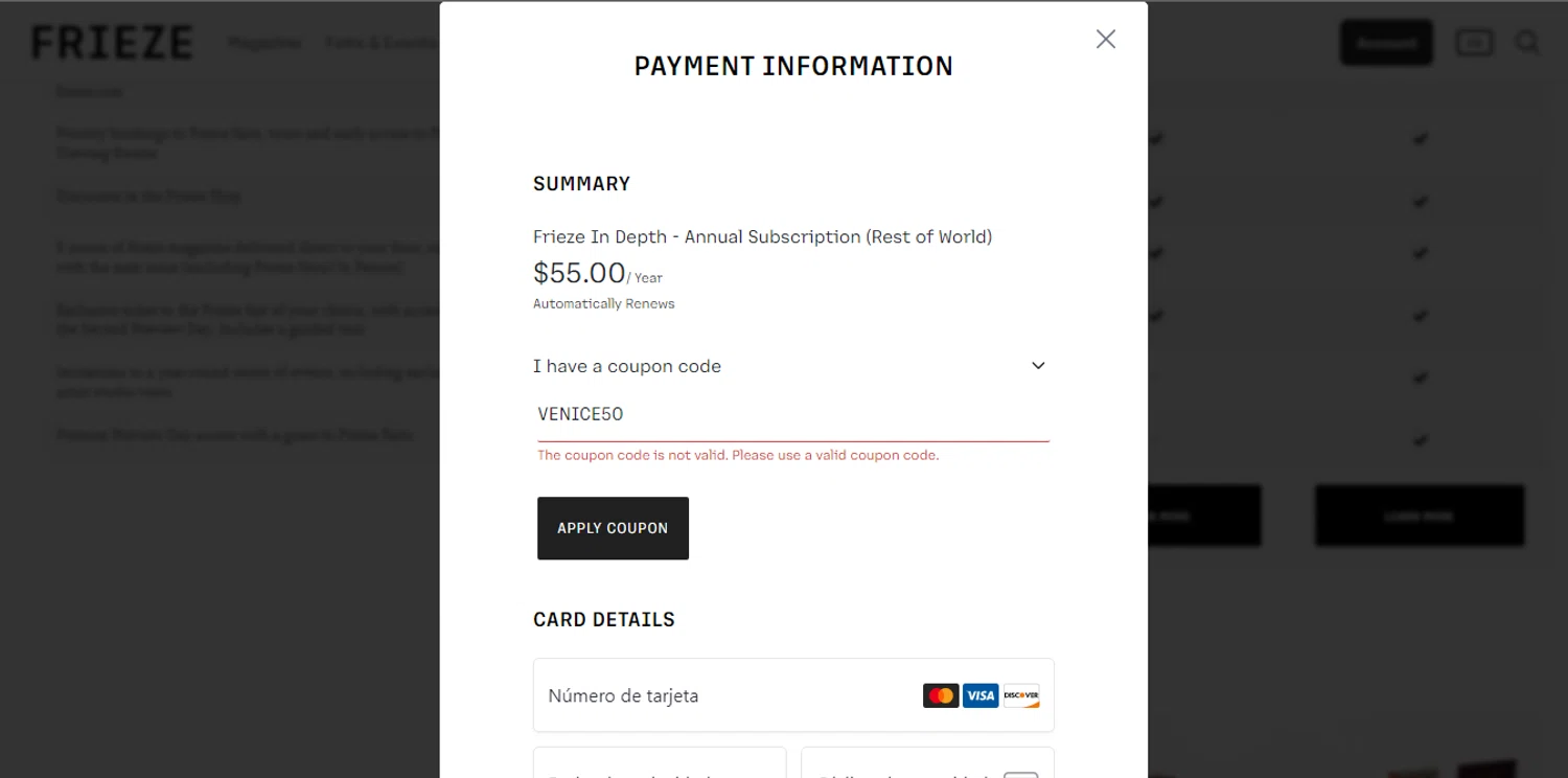 Frieze discount code screenshot showing code VENICE50 applied at Frieze checkout page. Uploaded by SimplyCodes community member HUNTER1406 on Feb 12, 2026