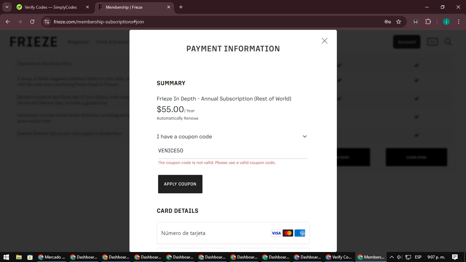 Frieze discount code screenshot showing code VENICE50 applied at Frieze checkout page. Uploaded by SimplyCodes community member BargainPilot6282 on Feb 19, 2025