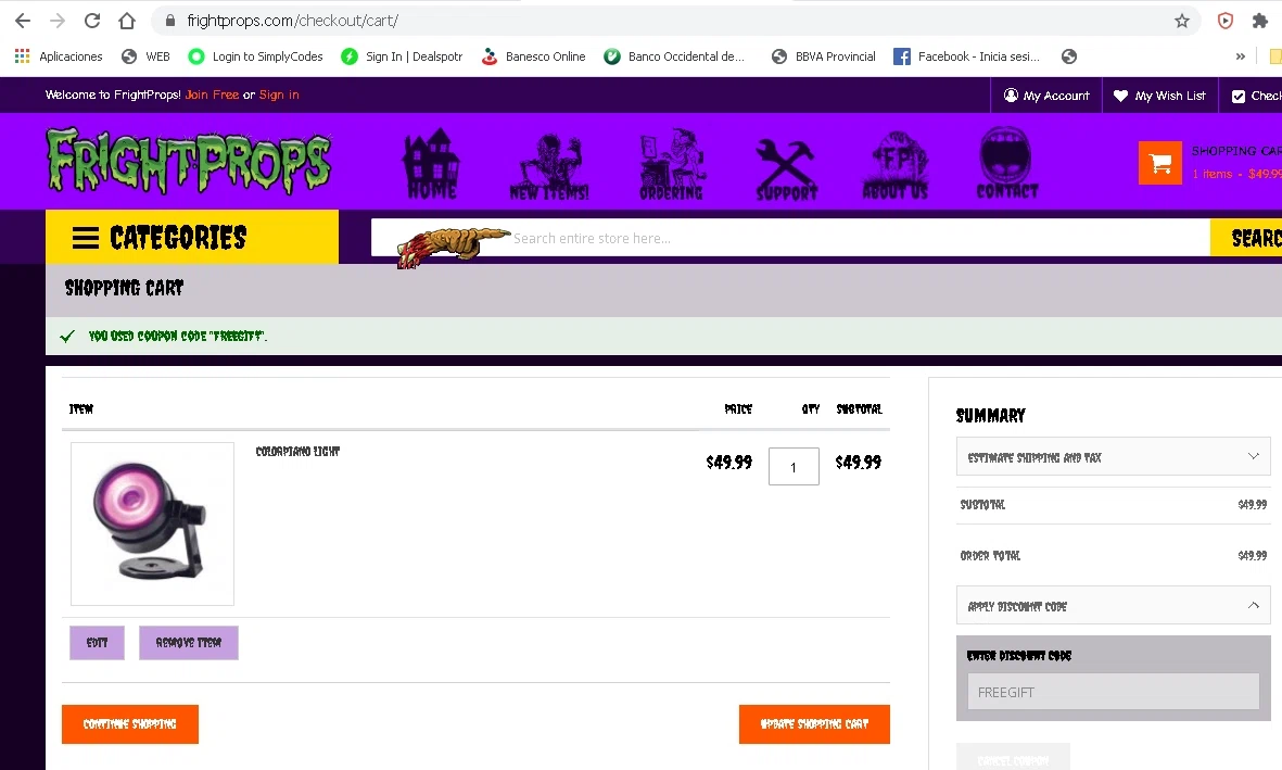 Fright Props checkout page showing Fright Props discount code box | Screenshot taken by SimplyCodes community member on Sep 4, 2020
