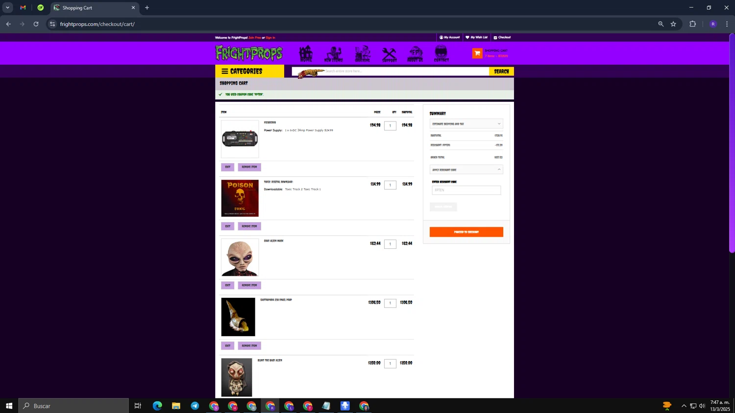 Fright Props checkout page showing Fright Props discount code box | Screenshot taken by SimplyCodes community member on Mar 13, 2025