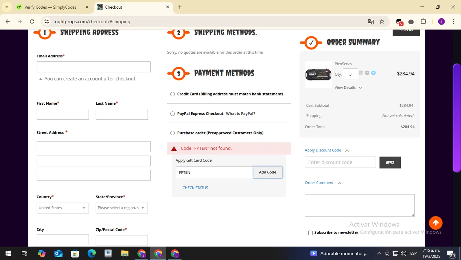 Fright Props discount code screenshot showing code FPTEN applied at Fright Props checkout page. Uploaded by SimplyCodes community member MagnificentWizard8353 on Mar 19, 2025