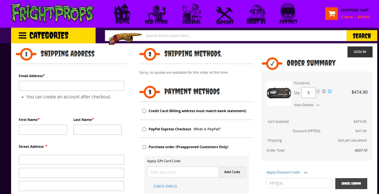 Fright Props checkout page showing Fright Props discount code box | Screenshot taken by SimplyCodes community member on Nov 29, 2024