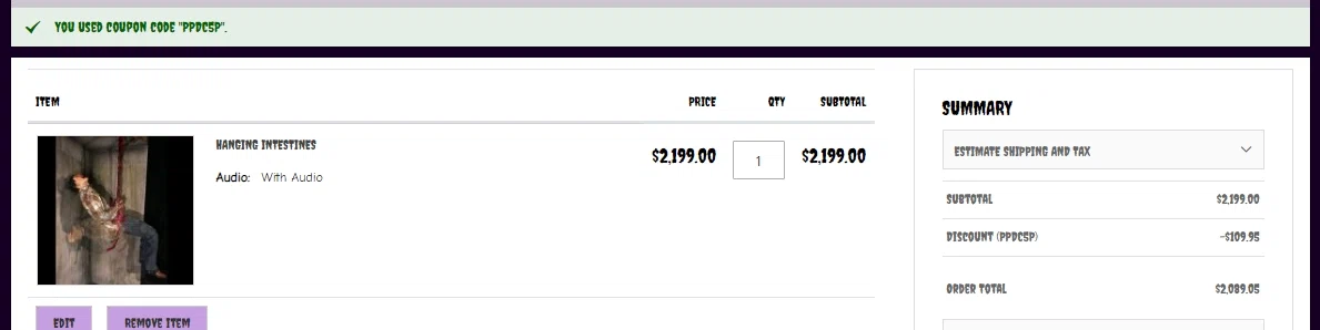 Fright Props checkout page showing Fright Props discount code box | Screenshot taken by SimplyCodes community member on Dec 31, 2020
