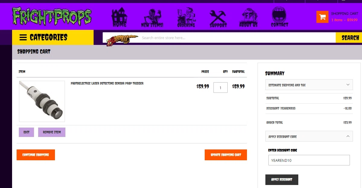 Fright Props checkout page showing Fright Props discount code box | Screenshot taken by SimplyCodes community member on Dec 29, 2020