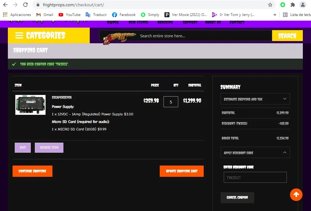 Fright Props checkout page showing Fright Props discount code box | Screenshot taken by SimplyCodes community member on May 6, 2021