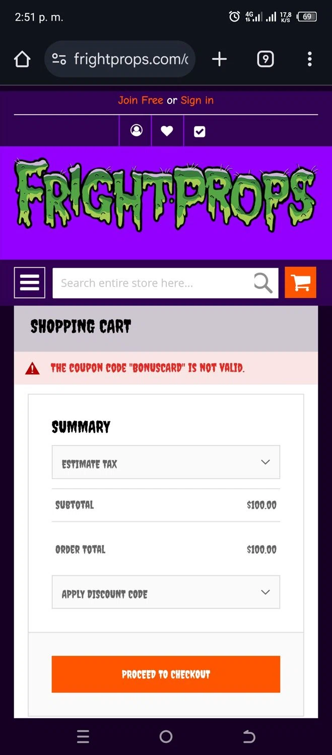 Fright Props discount code screenshot showing code BONUSCARD applied at Fright Props checkout page. Uploaded by SimplyCodes community member Soyvictor on Feb 16, 2025