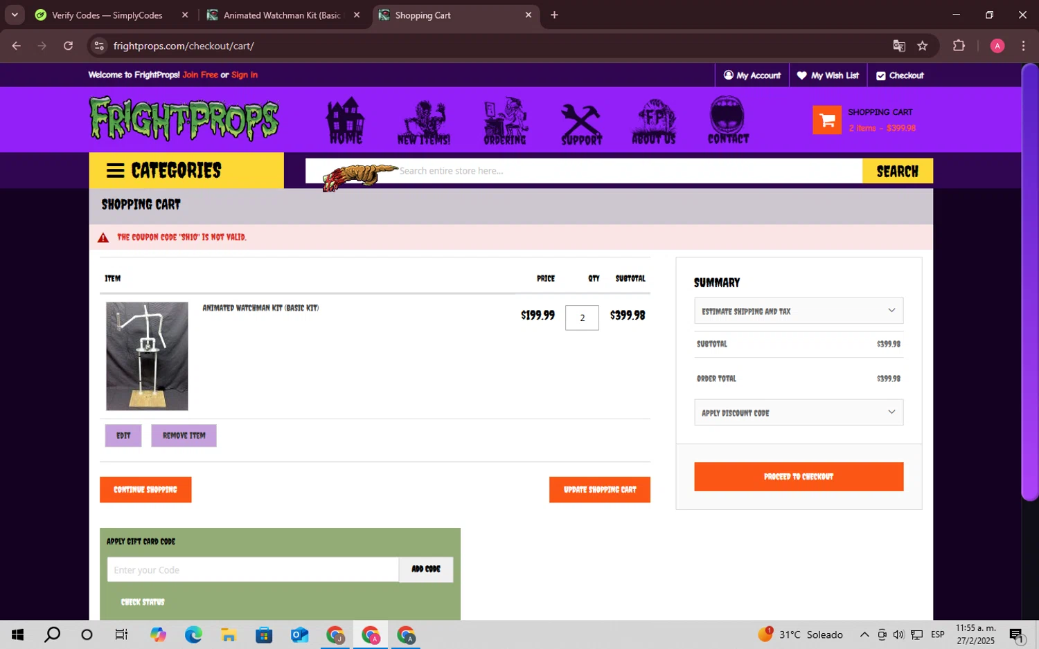 Fright Props discount code screenshot showing code Sh10 applied at Fright Props checkout page. Uploaded by SimplyCodes community member SaleScholar6713 on Feb 27, 2025